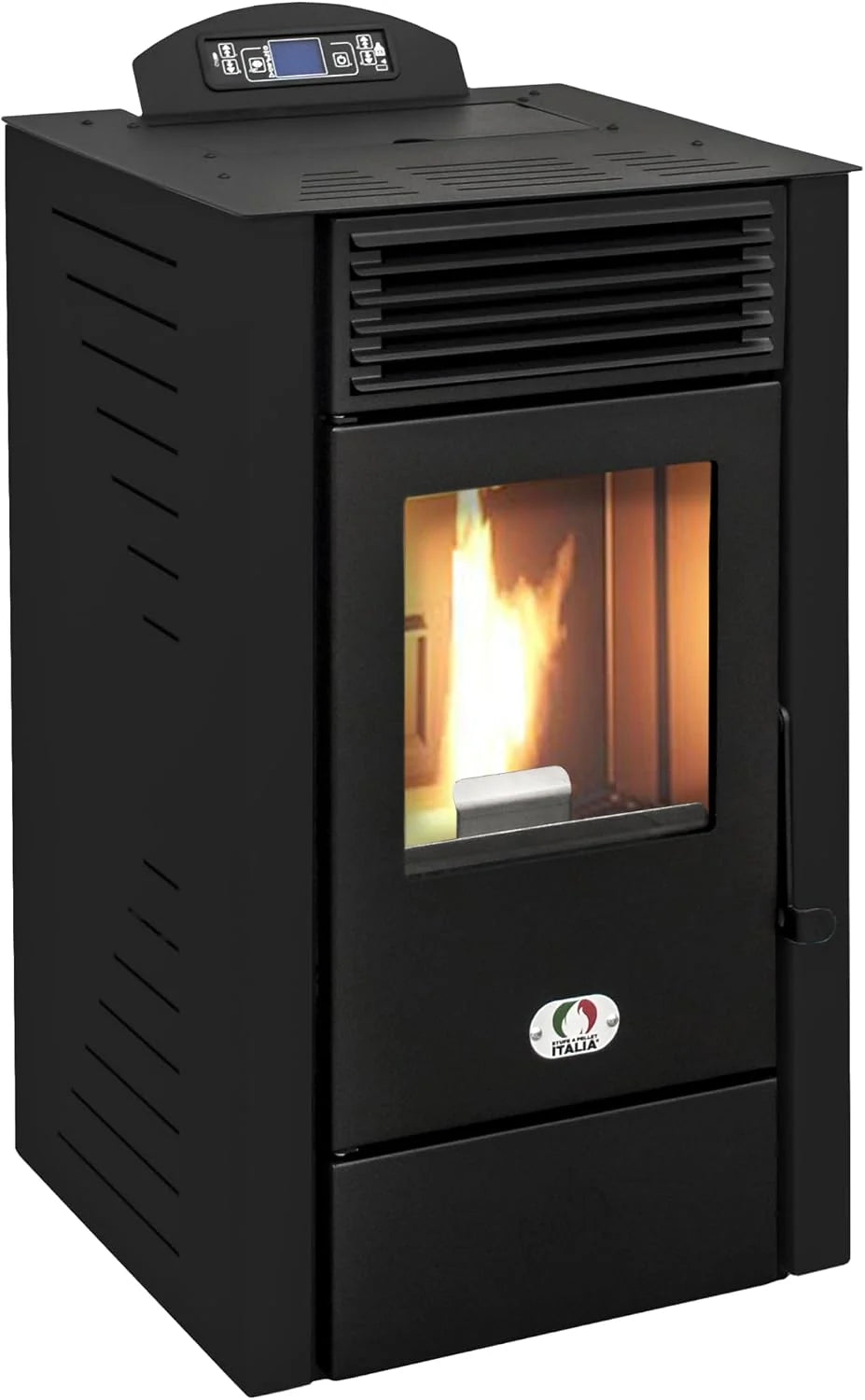 STUFE A PELLET ITALIA California 10 kW, wydajność, 90% ciepła 80 m², czas pracy 20 h, programowalny 5 prędkości i mocy, kompaktowa konstrukcja, 24 miesiące czarny