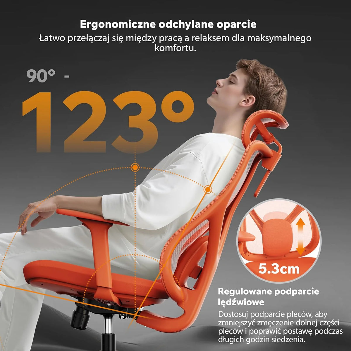 SENSE7 Fotel Biurowy Gamingowy Ergonomiczny Krzesło Obrotowe Biurowe Regulowany dla Home Office Graczy 150kg Oddychająca Tkanina Regulowany Zagłówek z Podparciem Podłokietnikami 3D - MOYO Pomarańcz