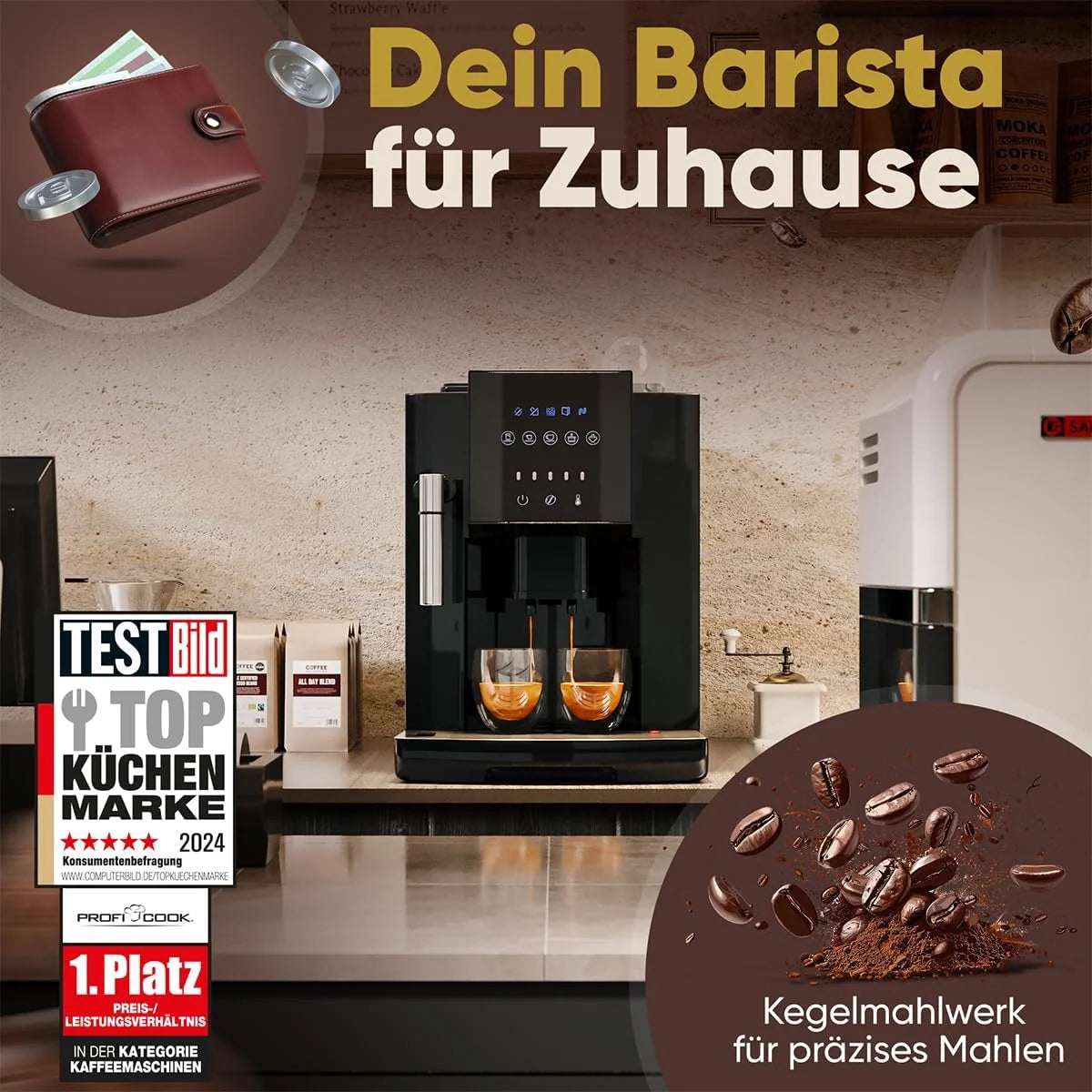 ProfiCook w pełni automatyczny ekspres do kawy, spieniacz do mleka, stożkowy młynek do korzeni, zbiornik na wodę 1,8 l, z funkcją podgrzewania filiżanek, wyświetlacz dotykowy, ekspres do kawy, PC-KAV