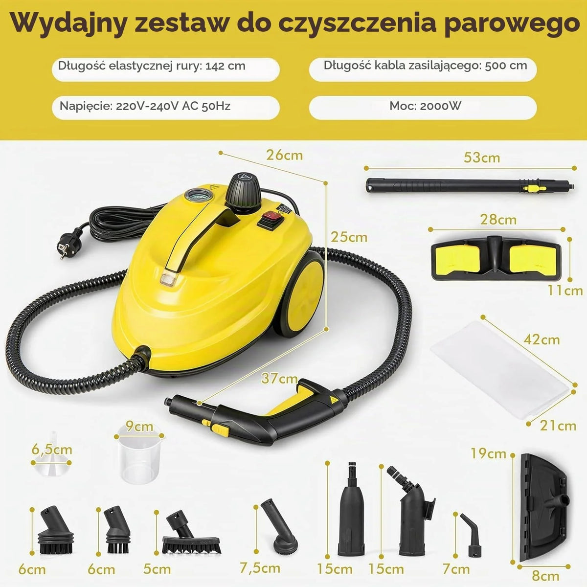 FANTASK Myjka parowa 2000 W z 13 akcesoriami, ciśnienie pary: maks. 5 bar, temperatura: do 160℃, wydajność powierzchniowa: 108 m², zbiornik: 1,8 l