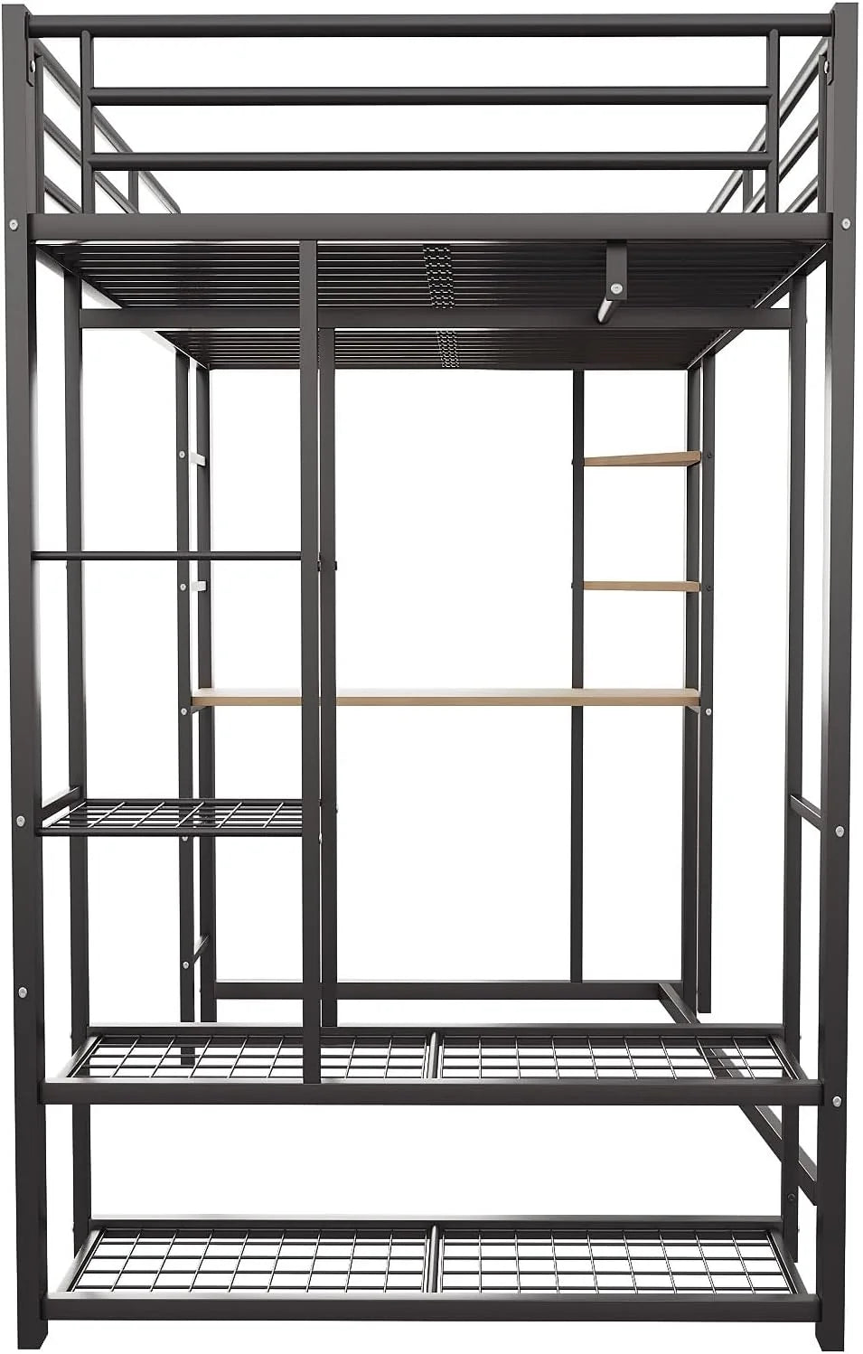 Dolamaní Łóżko piętrowe 90 x 200 cm, z biurkiem i regałem, dla młodzieży i dorosłych, nośność 120 kg, metalowe łóżko ze stelażem ze stelażem, stabilne i otwarte miejsce do zawieszenia, czarne