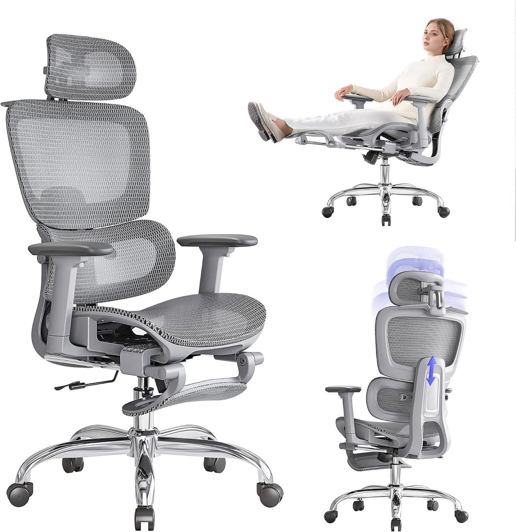 LarkLeaves Ergonomiczny Fotel Biurowy z Podnóżkiem Szary L10 Lite