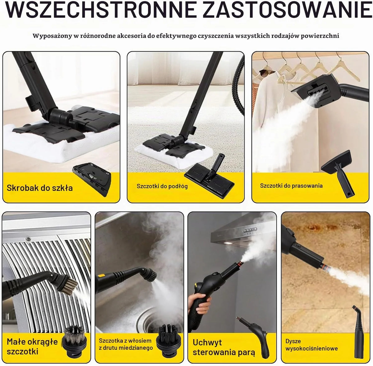 Myjka parowa 2000 W z 23 akcesoriami (w zestawie szczotki zapasowe), ciśnienie pary regulowane do 4 barów na uchwycie, zbiornik na wodę 1,5 l, nawijacz kabla i przegródka na akcesoria, do wszystkich