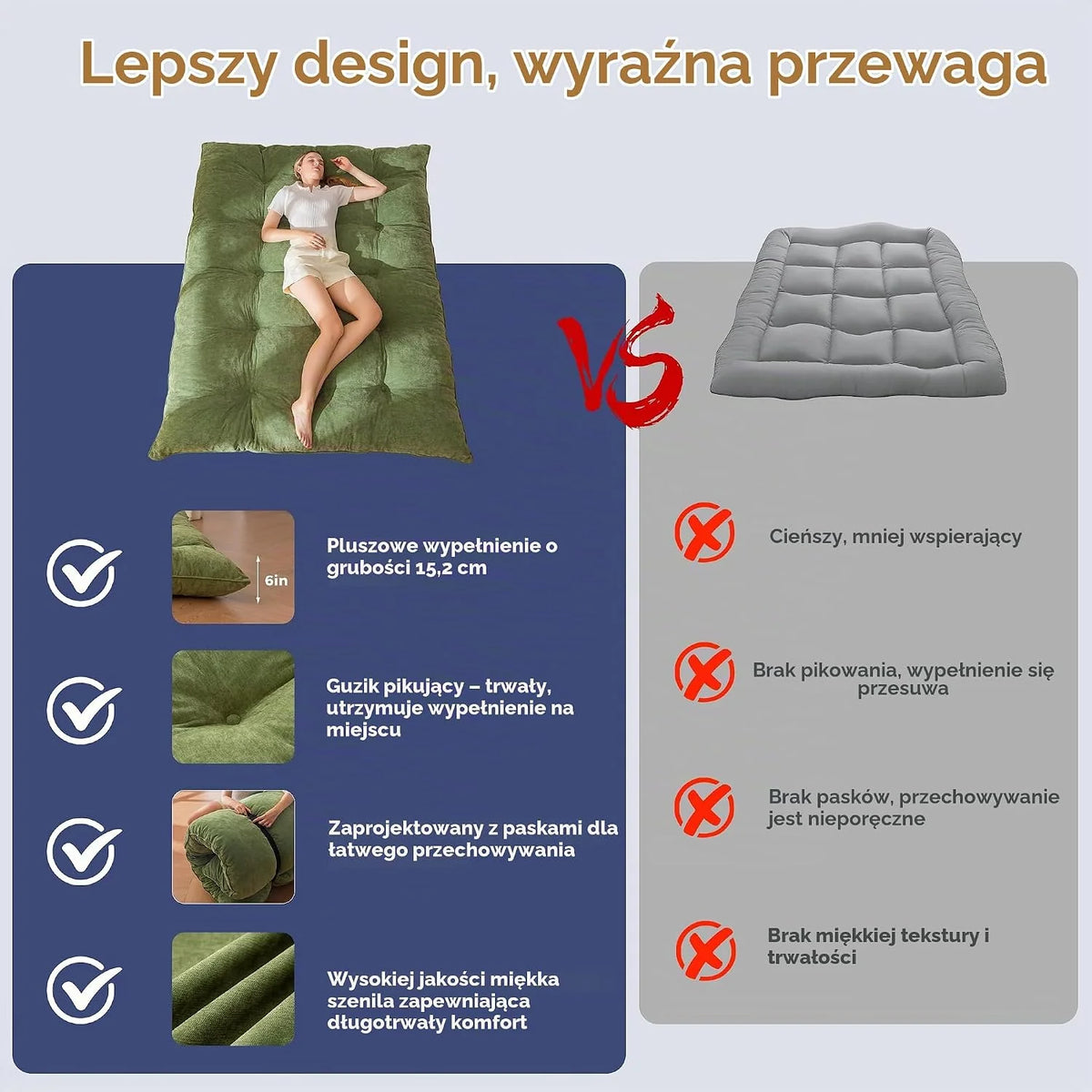 MAXYOYO materac futon, tkanina szenilowa, 15 cm grubości, składany materac futon do kanapy wypełniony strzępioną pianką, szyty guzikiem, praktyczna składana mata podłogowa (bez ramy)