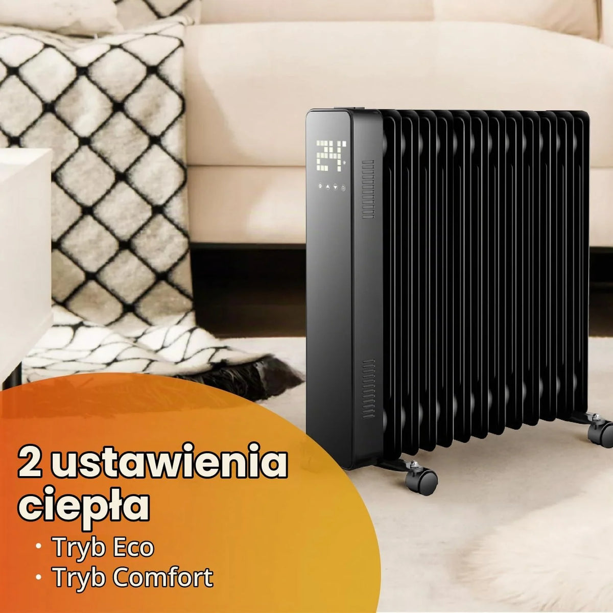 Biały - 13-elementowy elektryczny grzejnik olejowy. Kuchenka elektryczna 240 V w zestawie pilot zdalnego sterowania, funkcja dotykowa, podświetlany wyświetlacz LED. Ogrzewanie elektryczne z kółkami