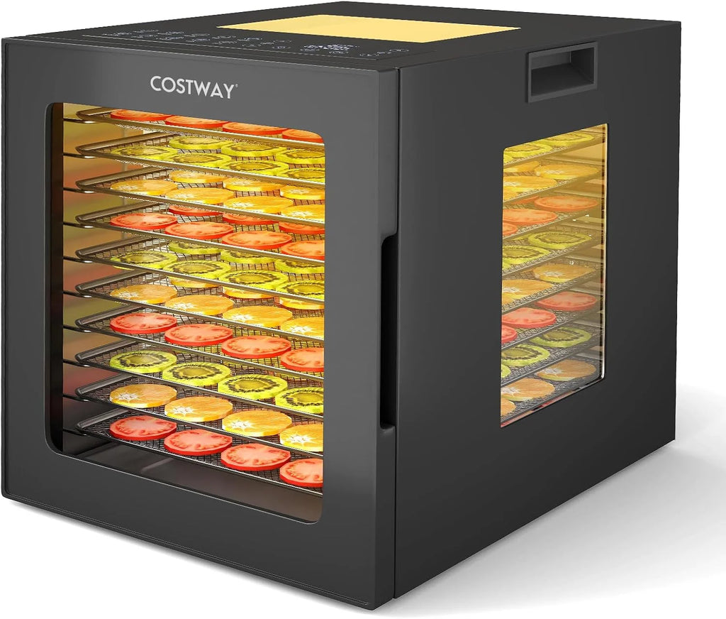 COSTWAY 850 W suszarka do żywności z 10 stalowymi miseczkami, suszarka z 10 wstępnie ustawionymi programami, 48-godzinnym timerem i temperaturą 30-75 °C, suszarka do żywności do owoców, warzyw, mięsa