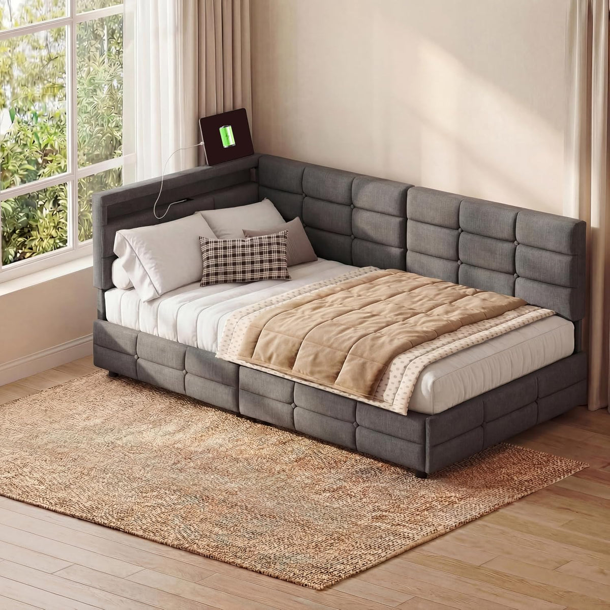 łóżko tapicerowane, 90 x 200 cm z gniazdami LED i USB, łóżko młodzieżowe ze stelażem z drewna i 2 szufladami, łóżko dziecięce, sofa do spania, łóżko dzienne, rama łóżka, len, kolor szary, bez