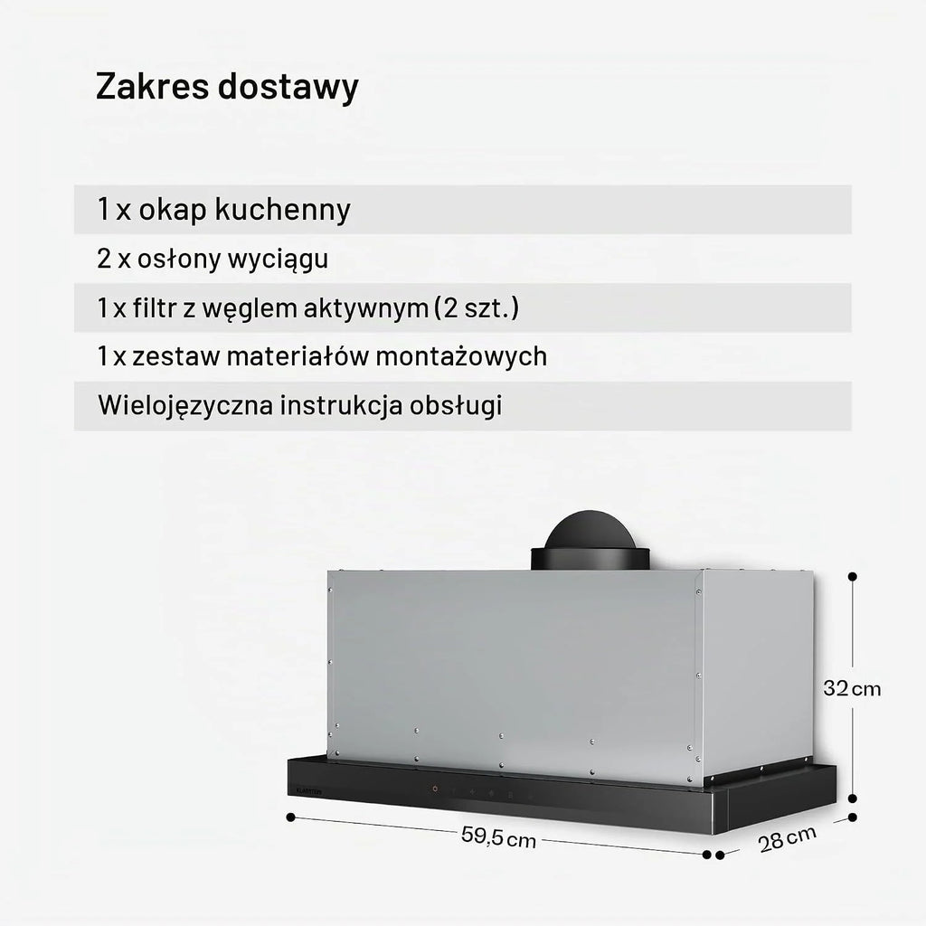 Klarstein Okap kuchenny, Velaire 60cm, podblatowy, rozkładany, 896 m³/h boost, dotykowy, klasa energetyczna A++, LED, cichy, aluminiowy i z filtrem z węglem aktywnym, blatowy kuchnia, czarny