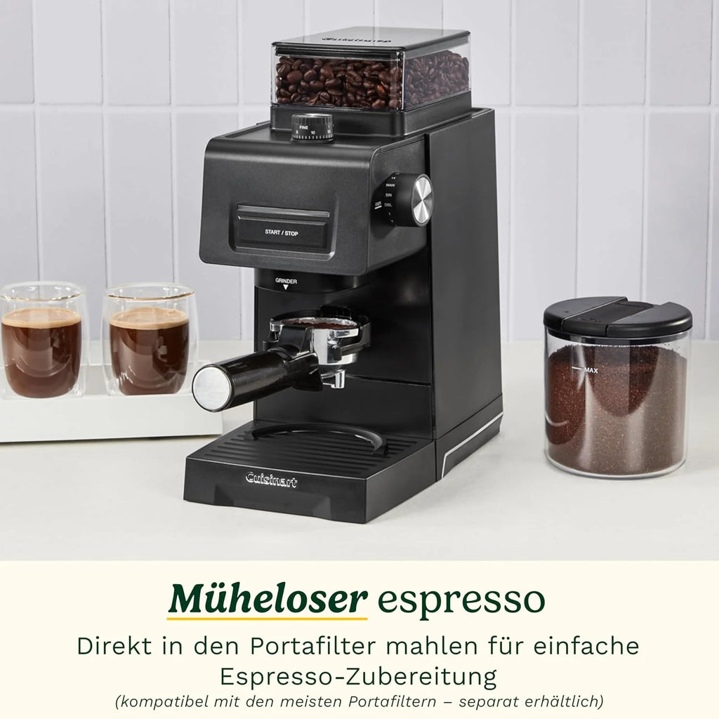 Cuisinart stożkowy młynek do kawy do espresso i kawy; 35 ustawień; zbiornik na ziarna 225 g z silikonową pokrywą; kompatybilny z portafiltrem; w zestawie łyżka i szczotka do czyszczenia