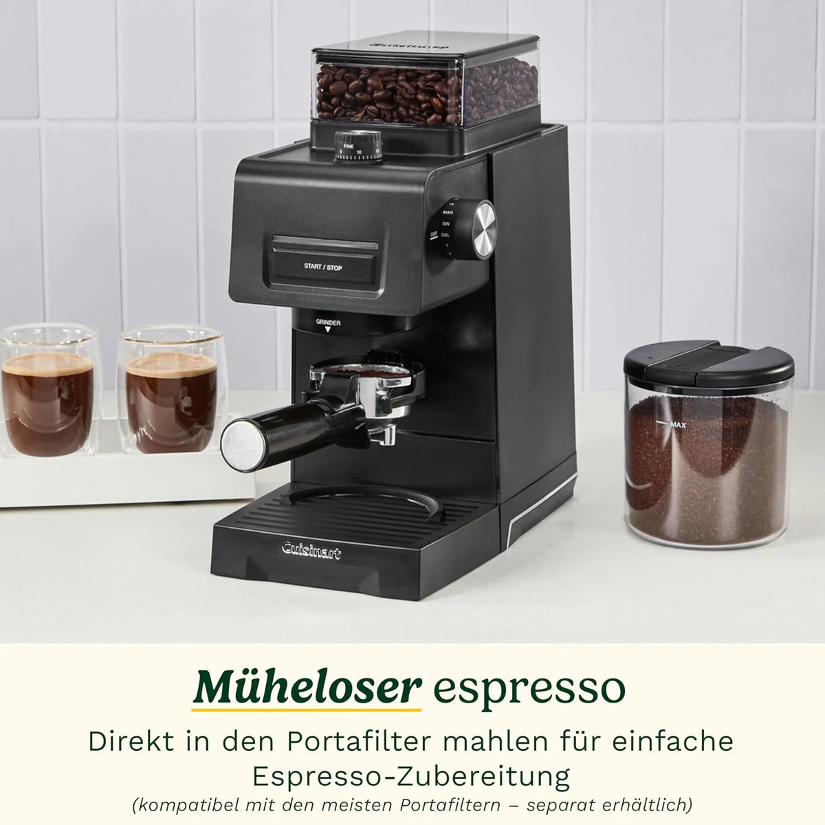 Cuisinart stożkowy młynek do kawy do espresso i kawy; 35 ustawień; zbiornik na ziarna 225 g z silikonową pokrywą; kompatybilny z portafiltrem; w zestawie łyżka i szczotka do czyszczenia