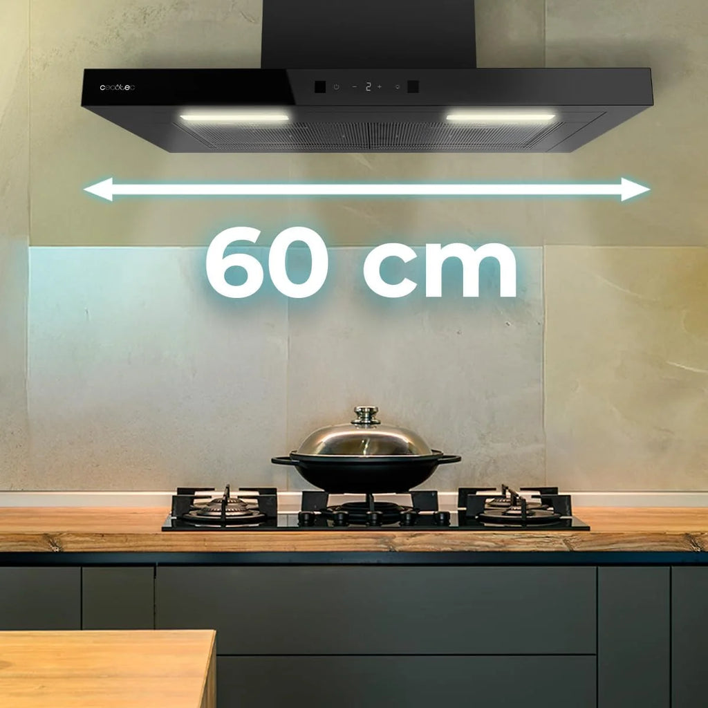Cecotec Bolero Flux TT 604400 Black A++, okap kuchenny w kształcie litery T, 60 cm, moc ssania 413,3 m³/h, klasa A++, niewidoczne sterowanie dotykowe, sterowanie ręczne ruchem, funkcja Booster, filtr