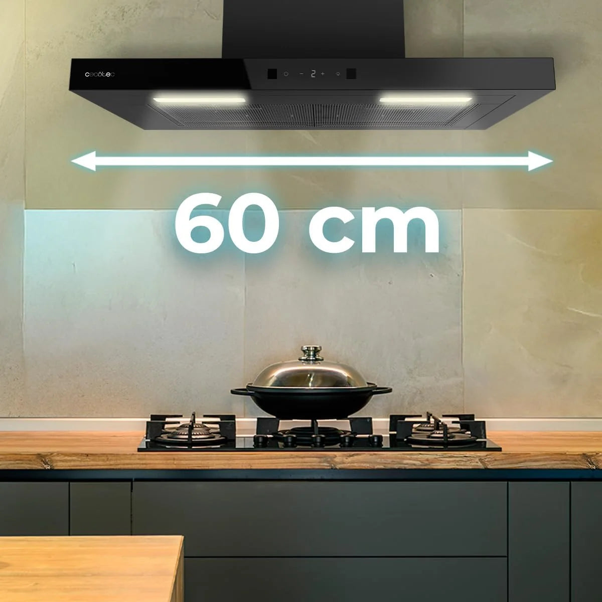 Cecotec Bolero Flux TT 604400 Black A++, okap kuchenny w kształcie litery T, 60 cm, moc ssania 413,3 m³/h, klasa A++, niewidoczne sterowanie dotykowe, sterowanie ręczne ruchem, funkcja Booster, filtr