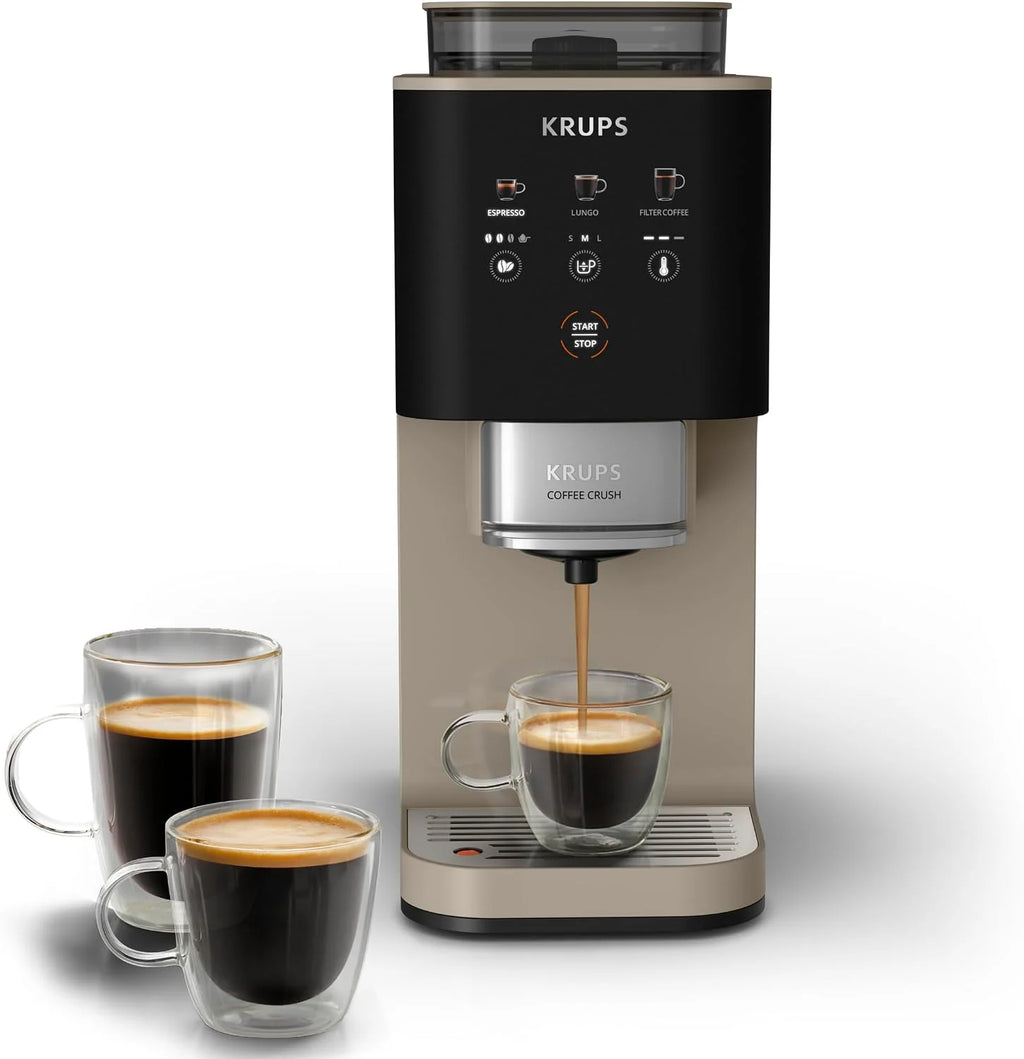 Krups Coffee Crush SA402AE0 Ekspres do kawy ciśnieniowy kolbowy z młynkiem, młynek ze stali nierdzewnej, tylko 15 cm szerokości, inteligentny panel sterowania, ciśnienie 15 barów