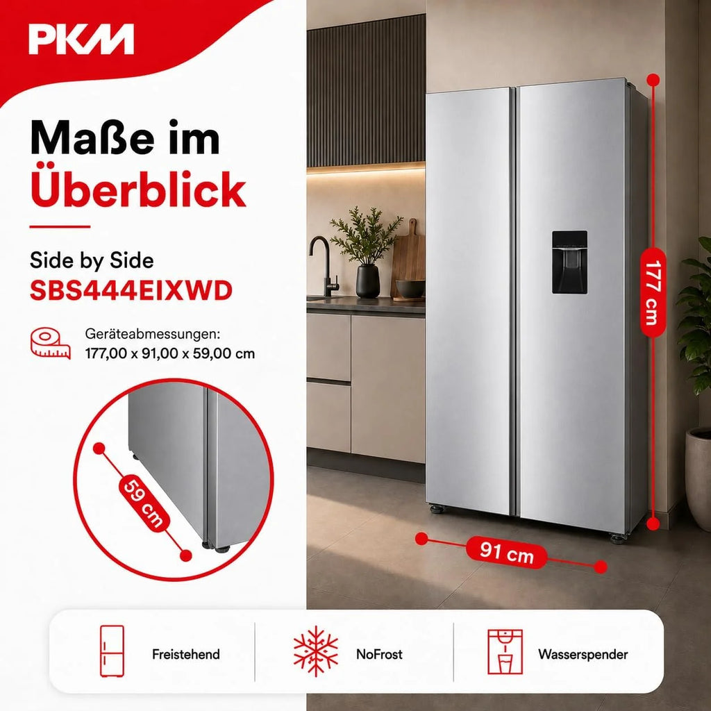 PKM SBS444EIXWD, lodówka Side by Side, 439 l, 2-drzwiowa z dozownikiem wody, Inox Design