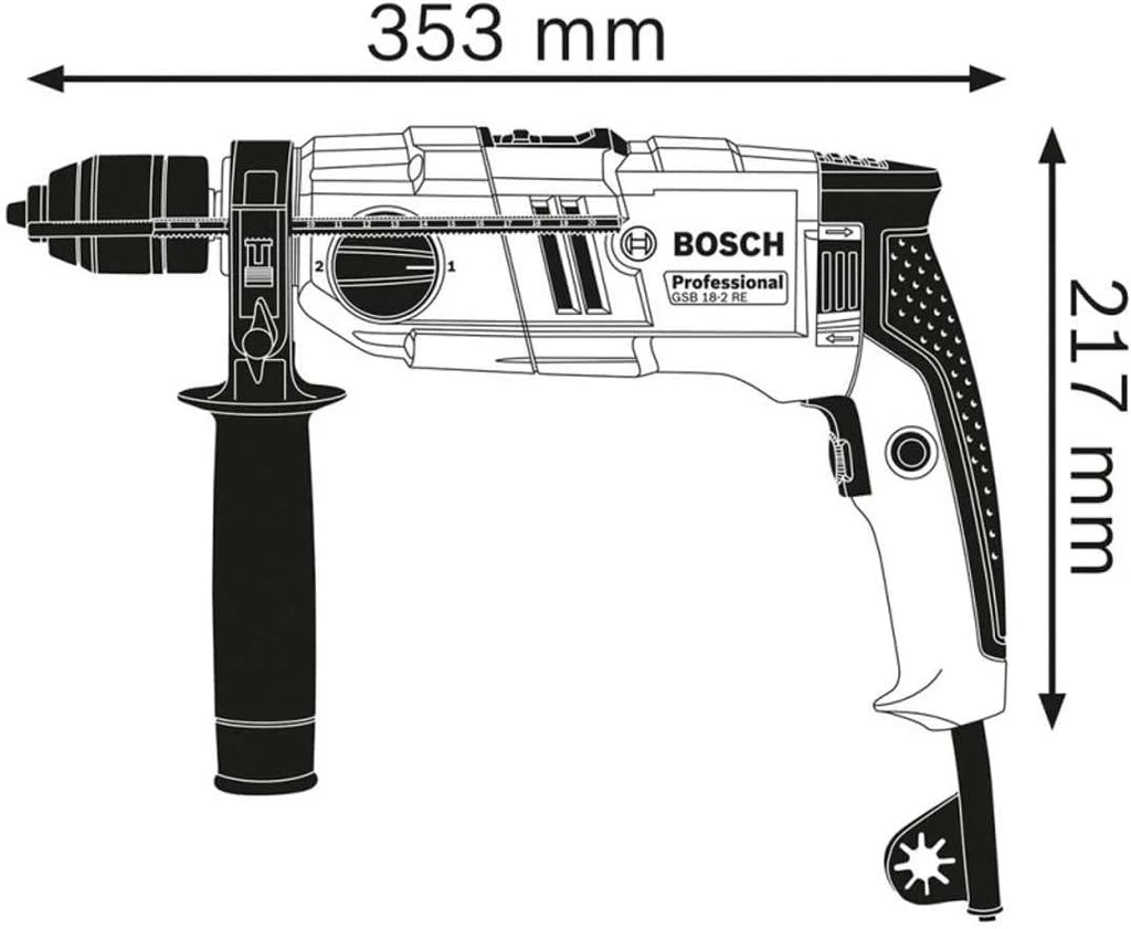 Bosch Professional: wiertarka udarowa GSB 18-2 RE (ogranicznik głębokości 210 mm, rękojeść dodatkowa, zębaty uchwyt wiertarski 13 mm, walizka)
