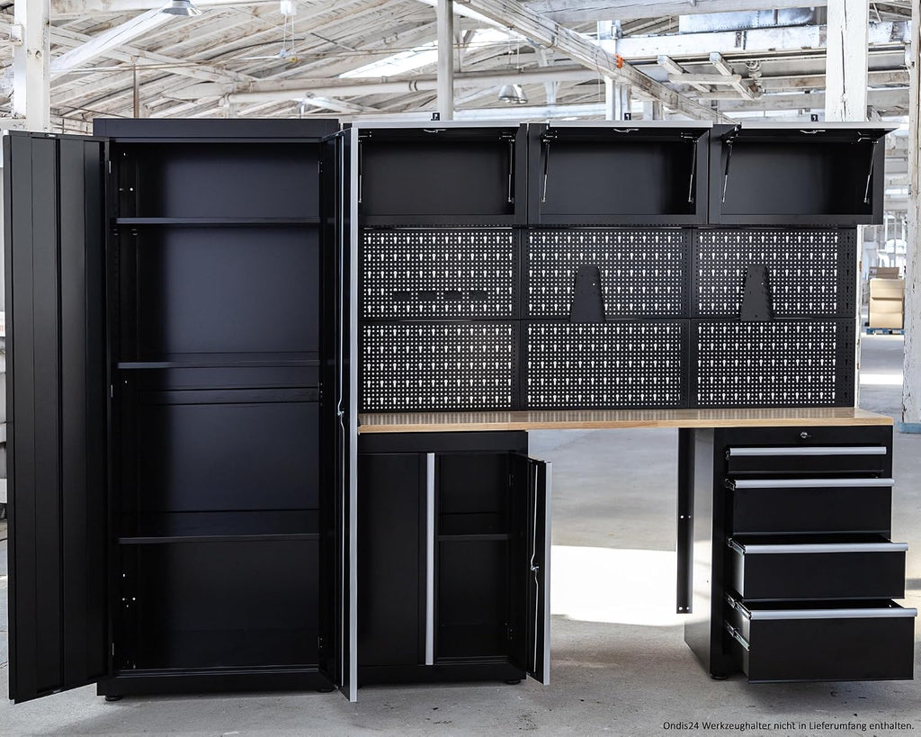 Ondis24 XL Kompletny Zestaw Warsztatowy 260 cm, wstępnie zmontowany, modułowy, kierunek warsztatowy z drewnianą płytą roboczą, szafy na narzędzia, stół warsztatowy z szufladami (9-częściowy)