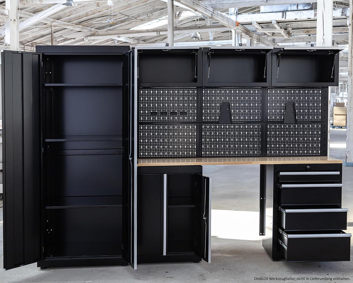 Ondis24 XL Kompletny Zestaw Warsztatowy 260 cm, wstępnie zmontowany, modułowy, kierunek warsztatowy z drewnianą płytą roboczą, szafy na narzędzia, stół warsztatowy z szufladami (9-częściowy)