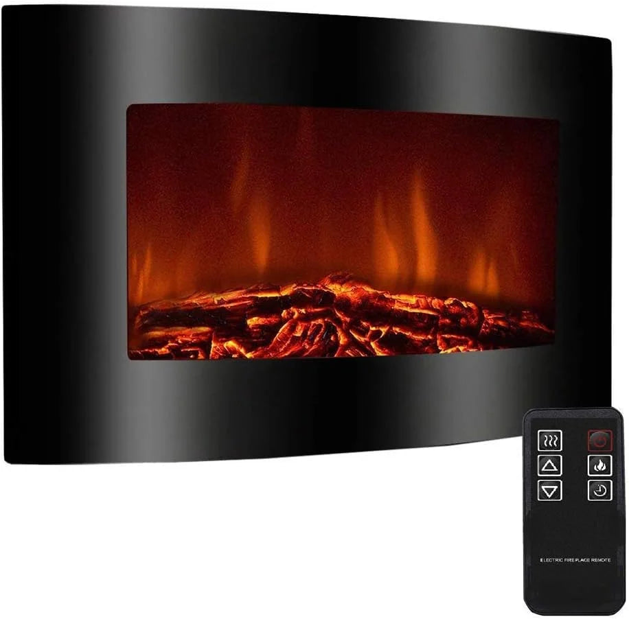 Elektryczny kominek ścienny z efektem płomieni LED, ogrzewający, czarny, 2000 W, 90 x 55 cm – pilot zdalnego sterowania – ogrzewanie 2000 W