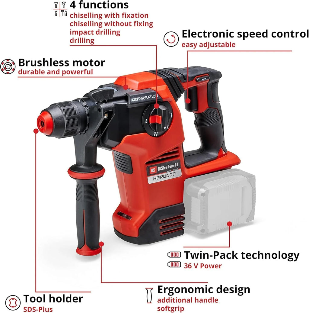 Einhell Herocco 36/28 Power X-Change akumulatorowy młot udarowo-obrotowy (Twin-Pack, wiercenie/wiercenie udarowe/dłutowanie z/bez mocowania, 3,2 J, bezszczotkowy, SDS+, w zestawie E-Box, bez