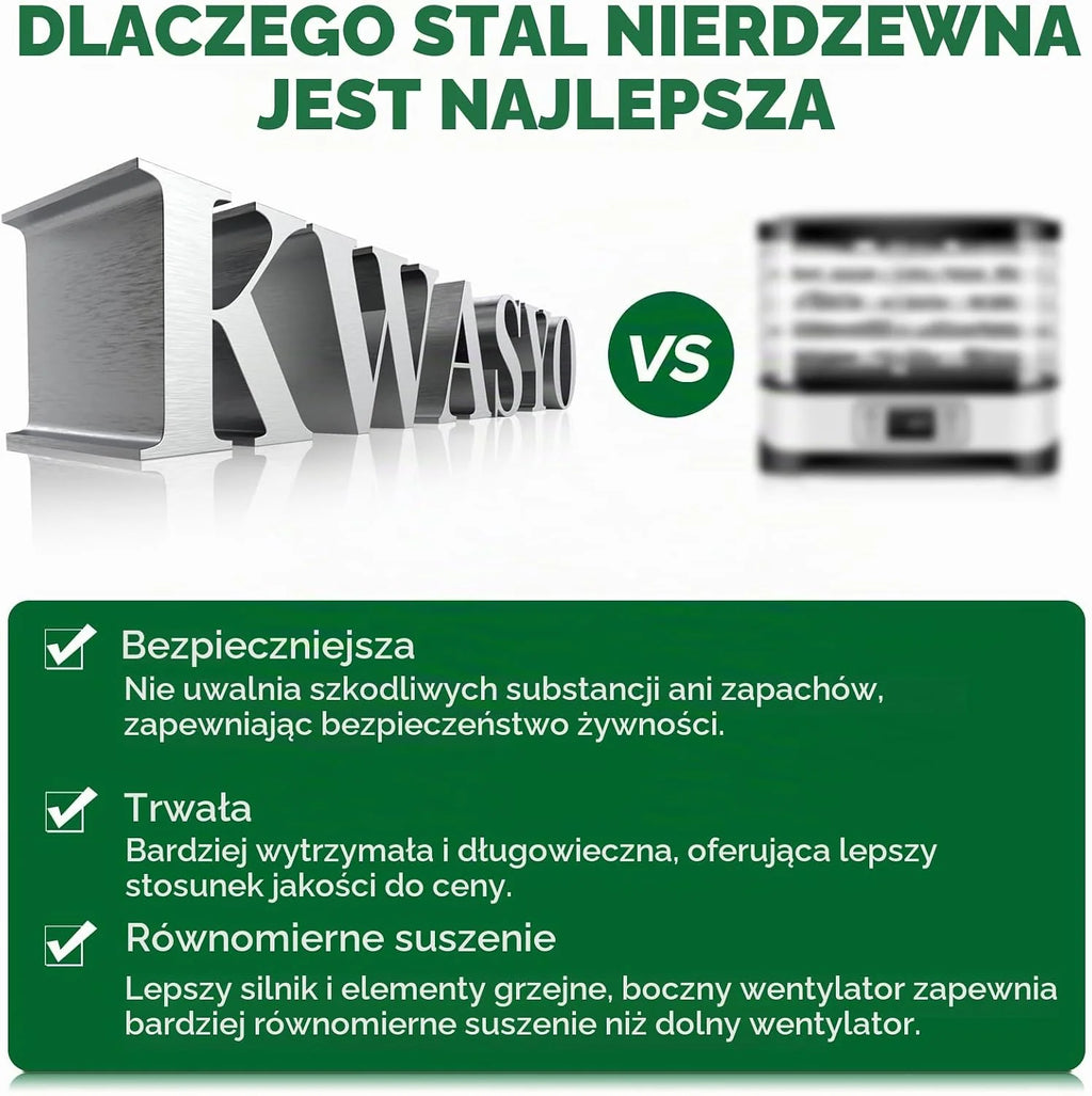Kwasyo Suszarka ze stali nierdzewnej, 8 poziomów z 6 foliami do suszenia, książka z przepisami, nie zawiera BPA, regulacja temperatury 30-90°C, maks. 24 godziny, suszarka do warzyw, mięsa, owoców