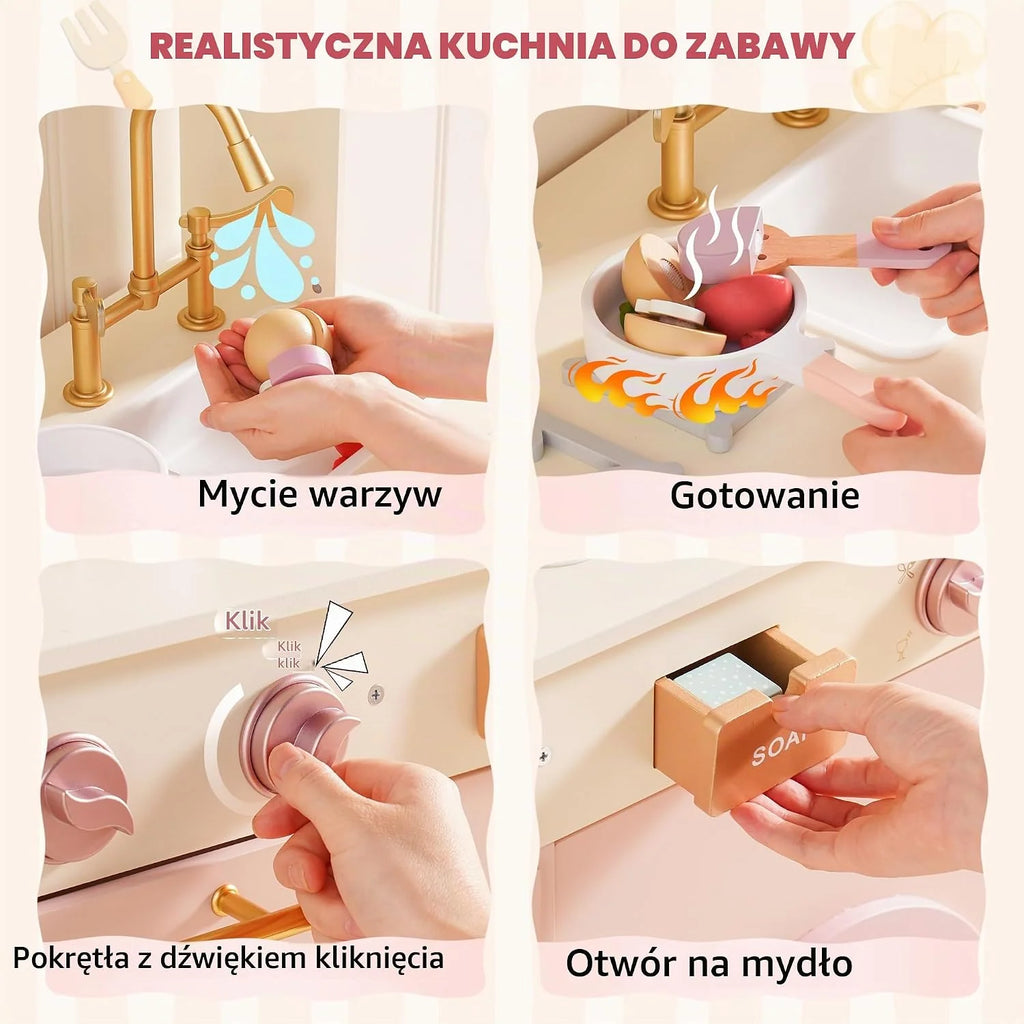 ROBUD Drewniana kuchnia do zabawy dla dzieci, zestaw do zabawy z maszyną do chleba, piekarnik z ciastami, zastawa stołowa, zmywarka, wbudowana kostkarka do lodu, zestaw do gotowania dla chłopców i
