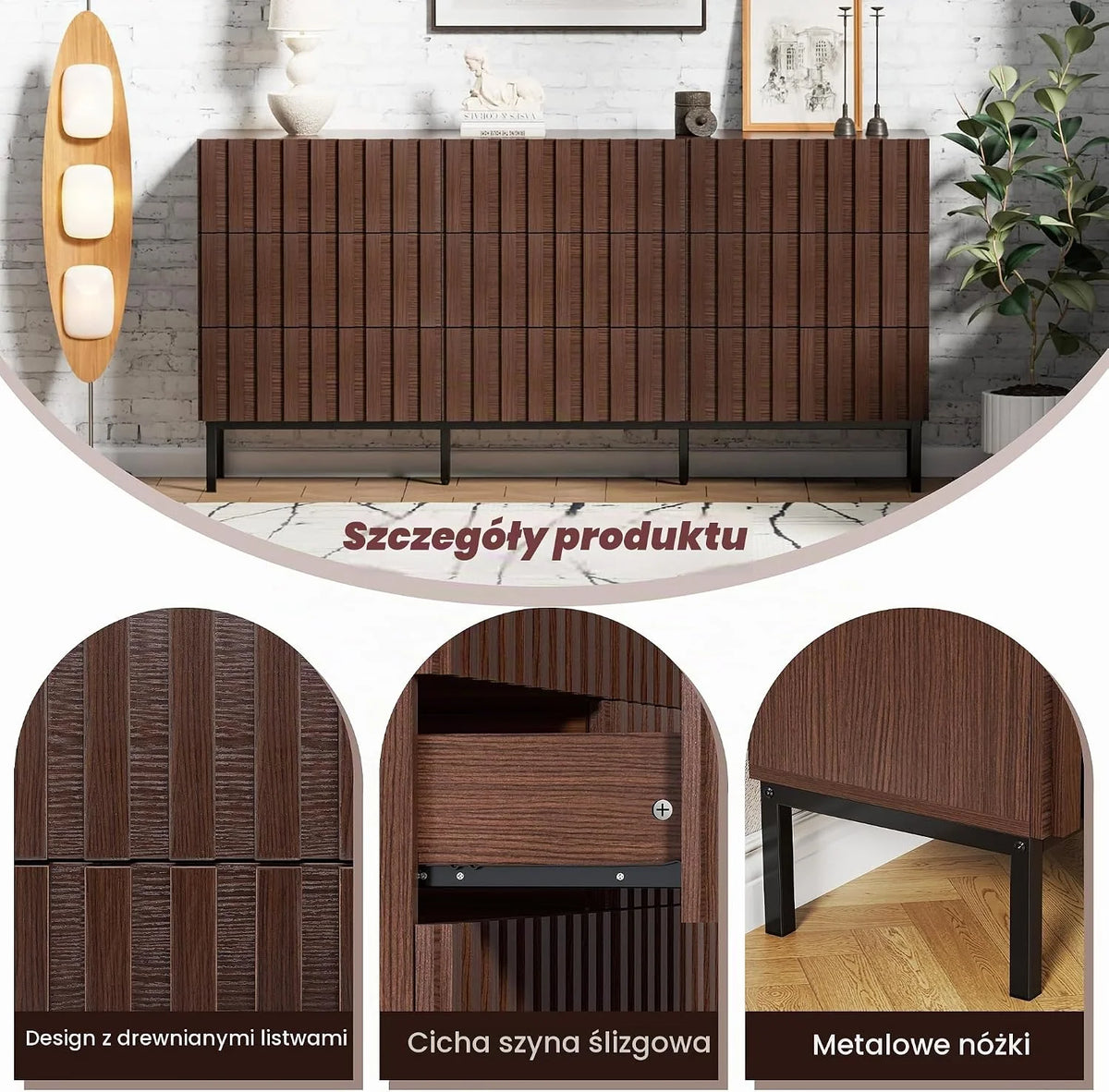 UEV Komoda z 9 szufladami 150 cm, wąska komoda, duża przestrzeń do przechowywania, szafa z dużym sufitem, do salonu, sypialni, biura, metalowych nóżek, 150 x 34 x 72 cm, orzech