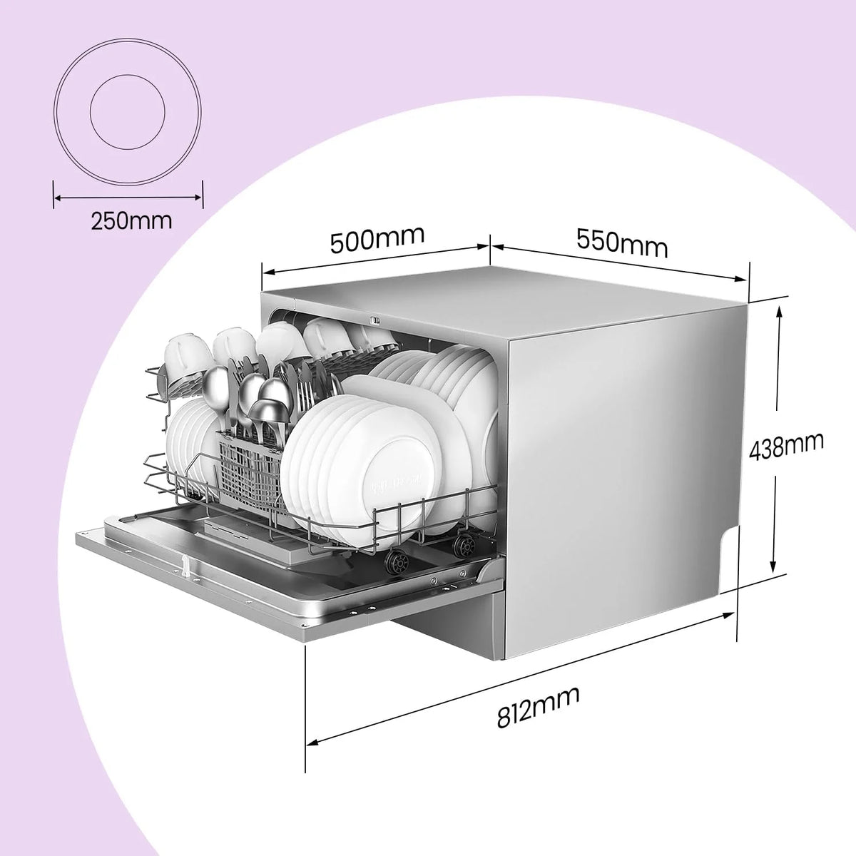 COMFEE' Kompaktowa zmywarka stołowa TD602E-S mini zmywarka z 6 pokrywkami, 6 programami, wyświetlaczem LED, opóźnionym startem i funkcją mycia w godzinach poza końcówką - srebrna