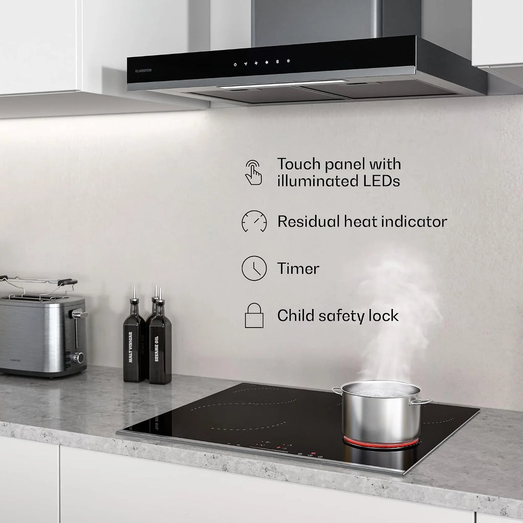 Klarstein Verosteel płyta grzewcza ze szkła ceramicznego – 60 cm, 4 strefy, dotykowy suwak, 6600 W, owalne i podwójne strefy grzewcze, timer, zabezpieczenie przed dziećmi, wskaźnik ciepła resztkowego