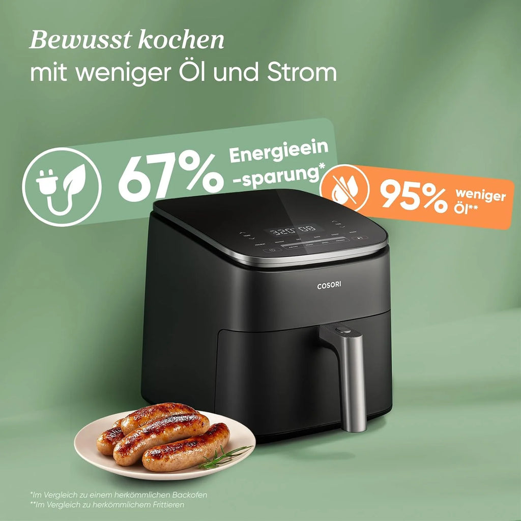 COSORI Frytkownica beztłuszczowa 9-w-1, Air Fryer XXL 6 l. Cichy silnik DC (5 prędkości), grill, pieczenie, fermentacja, suszenie, rozmrażanie, 87 przepisów, do 64% oszczędności energii