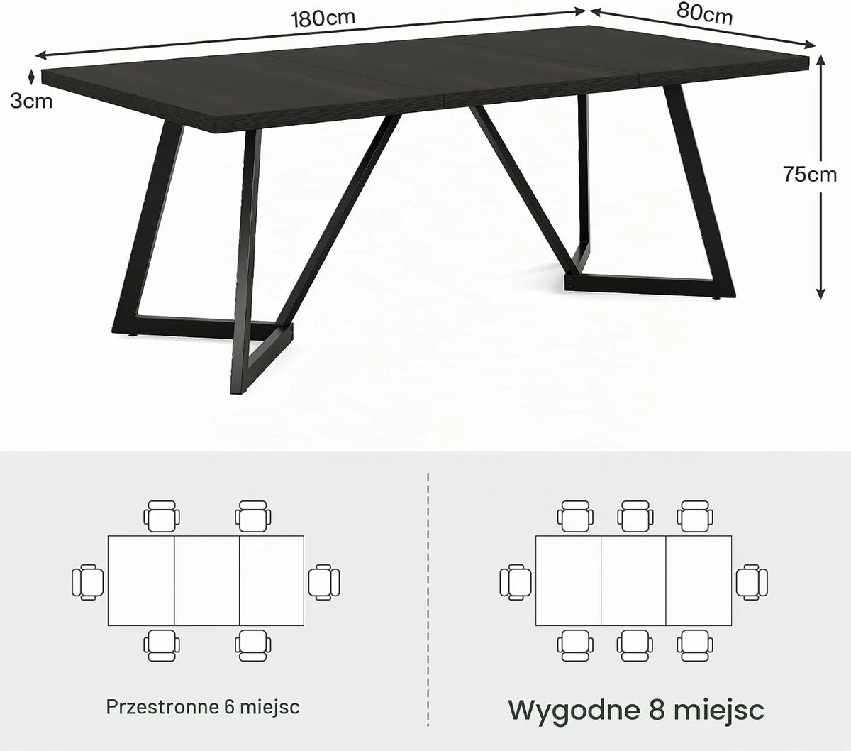 Tribesigns Duży Stół Jadalny 180x80x75cm dla 6-8 Osób, Nowoczesny Stół Kuchenny z Metalowym Stelażem, Czarnym