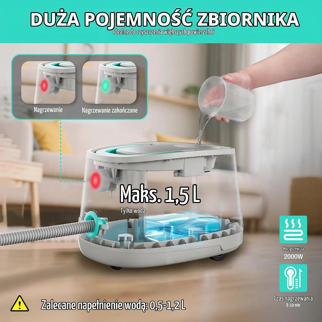 HAUSHOF Myjka parowa 2000 W, ze zbiornikiem 1,5 l, maks. ciśnienie pary 4 ,0 bar, czas nagrzewania 8 min, czas parowania do 30 min, w zestawie 16 akcesoriów i kabel zasilający 3 m, do podłóg, dywanów