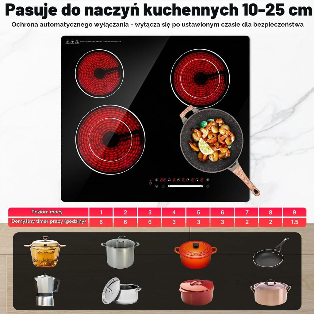 ALEMANIA Płyta ceramiczna 60 cm z 4 polami grzewczymi i podwójną strefą, dotykowym sterowaniem z regulacją mocy, elektryczna płyta grzewcza na podczerwień do zabudowy 6700 W 230 V