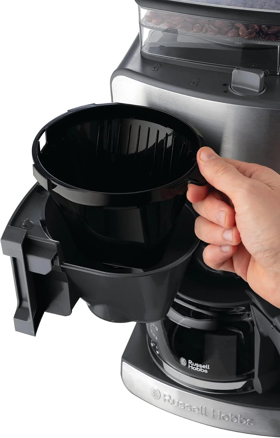 Russell Hobbs ekspres do kawy, wbudowany młynek, regulacja mocy zaparzenia kawy, programowalny timer, podtrzymywanie temperatury, pojemność 1,25l, moc 1000W, srebrny, Grind&Brew 25610-56