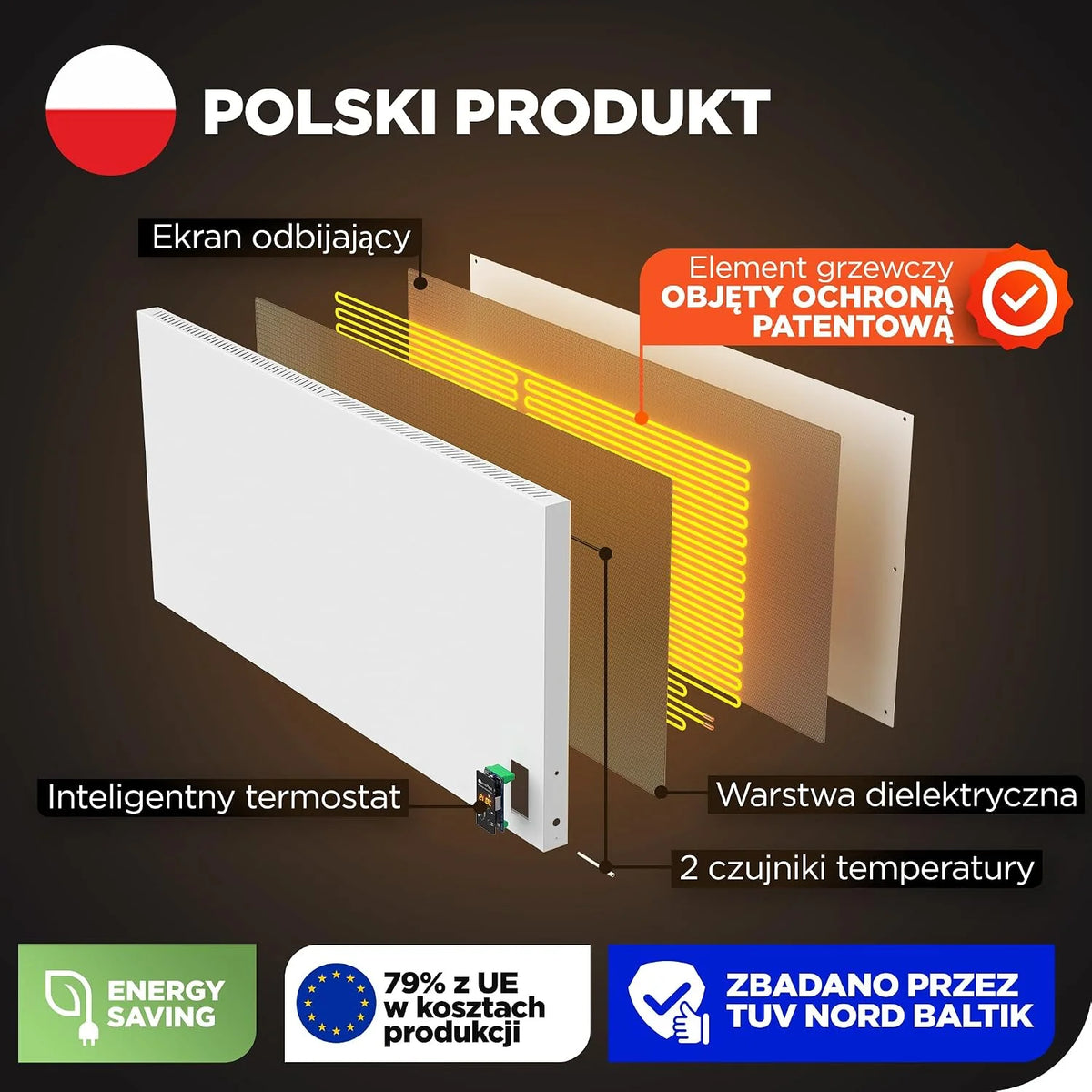 TermoPlaza WiFi Grzejnik na podczerwień z termostatem 750 W do 20 m² | Inteligentny grzejnik ścienny i stojący | Energooszczędny elektryczny grzejnik konwektorowy do pokoju i salonu