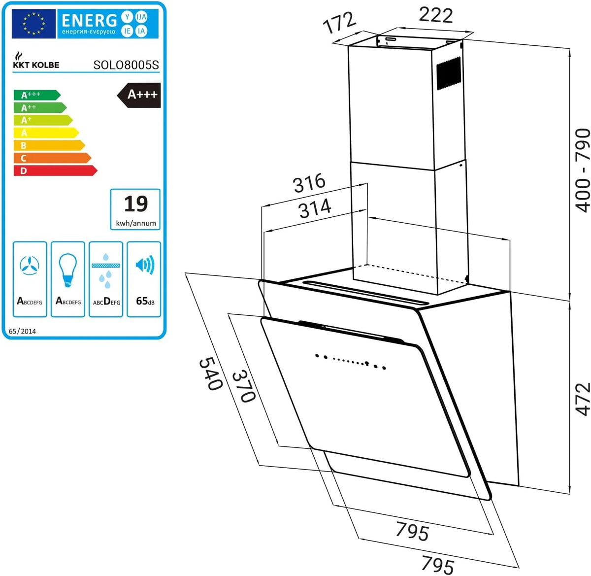 KKT KOLBE A+++ okap kuchenny 80 cm 782 m³/h | obieg powietrza | powietrze wylotowe | bez głowy | okap ścienny | osłona ścienna | czarny | szkło | automatyczny wybieg | SensorTouch | oświetlenie LED |