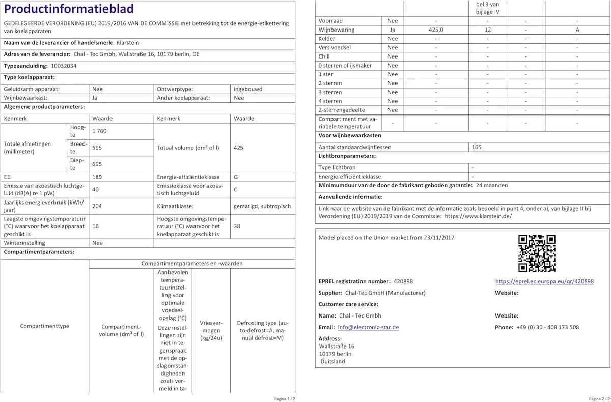Klarstein Vinovilla Chłodziarka do wina do zabudowy, 433 l, dwustrefowa, na wino, prosecco i piwo, szklane drzwi, ochrona UV, panel dotykowy, 47 dB, 165 butelek