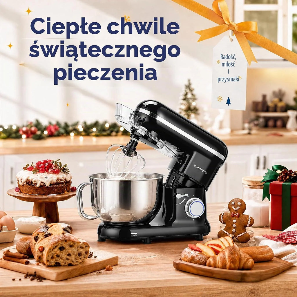 VIVOHOME Mikser Stojący 1500W, 10 Prędkości 5,7L Elektryczny Mikser Kuchenny z Głowicą Odchylaną, Mieszadłem, Hakiem do Ciasta, Trzepaczką i Separatorem Jajek, Czarny
