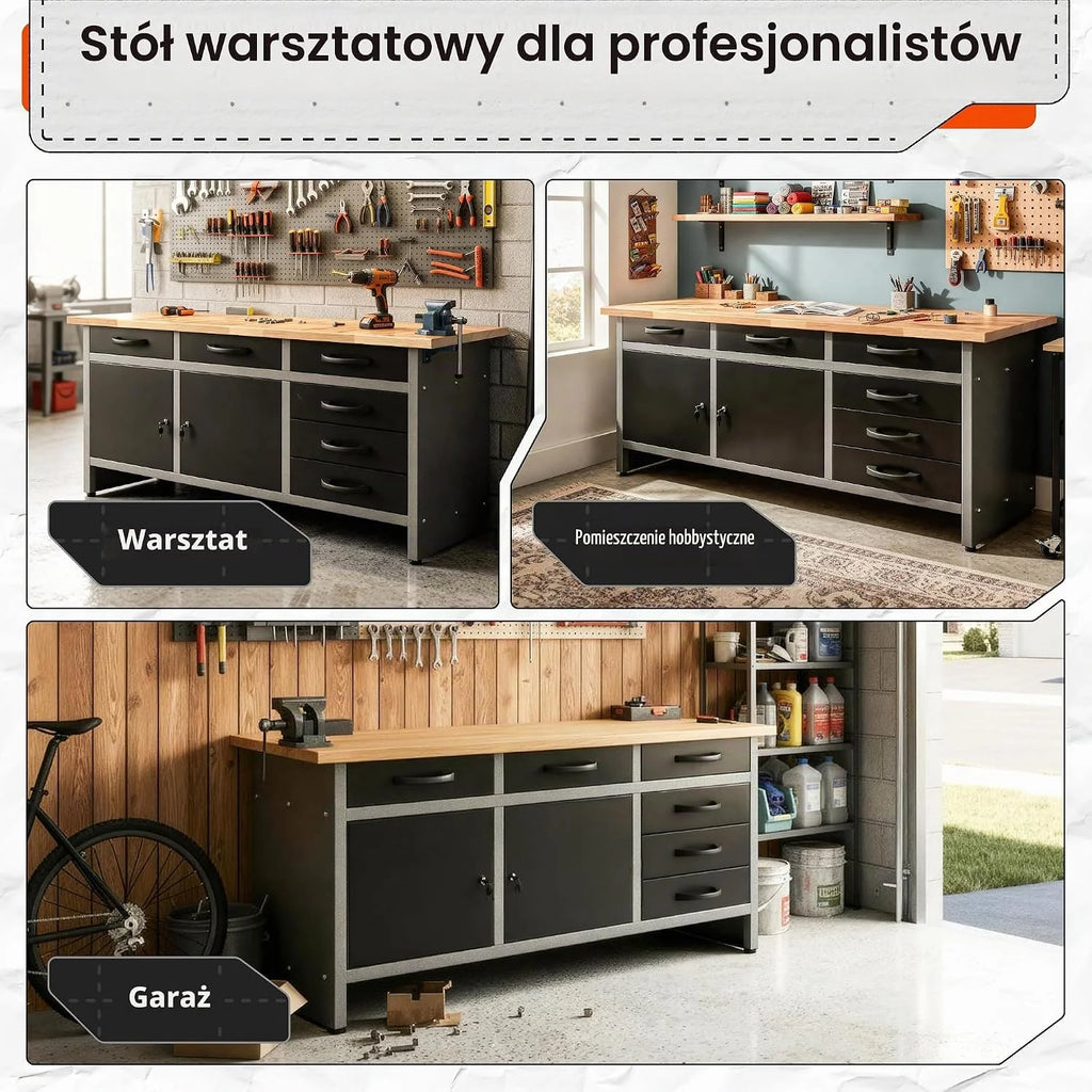 Ondis24 Stół warsztatowy Karsten stół warsztatowy, stół do pakowania, 6 szuflad, wyposażenie warsztatowe, 160 x 60 x 85 (wys.) cm, blat roboczy z drewna bukowego, obciążenie do 510 kg