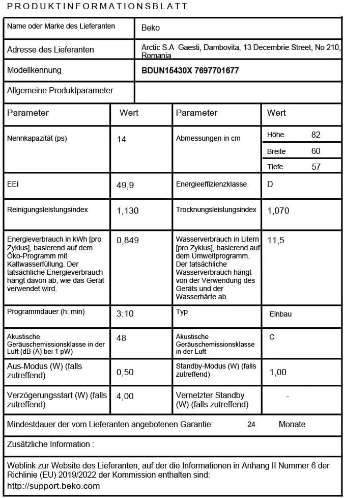 Beko BDUN15430X b300 zmywarka do zabudowy 60 cm, na 14 kompletów naczyń, 3 poziomy zmywania, 4 temperatury, 5 programów, połowa obciążenia, automatyczne otwieranie drzwi, Quick&Clean