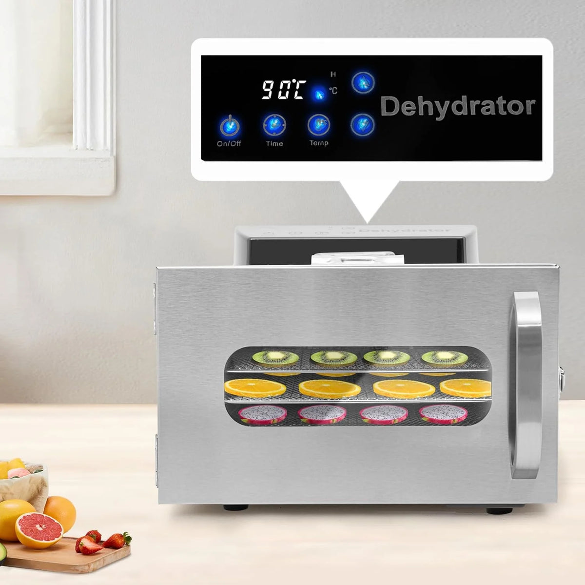 Suszarka do żywności, 400 W, 6 poziomów, 220 V, ze stali nierdzewnej, regulowana temperatura 30-85℃, odwadniacz na blacie stołu, 24-godzinny timer, suszarka do żywności do herbaty kwiatowej, owoców