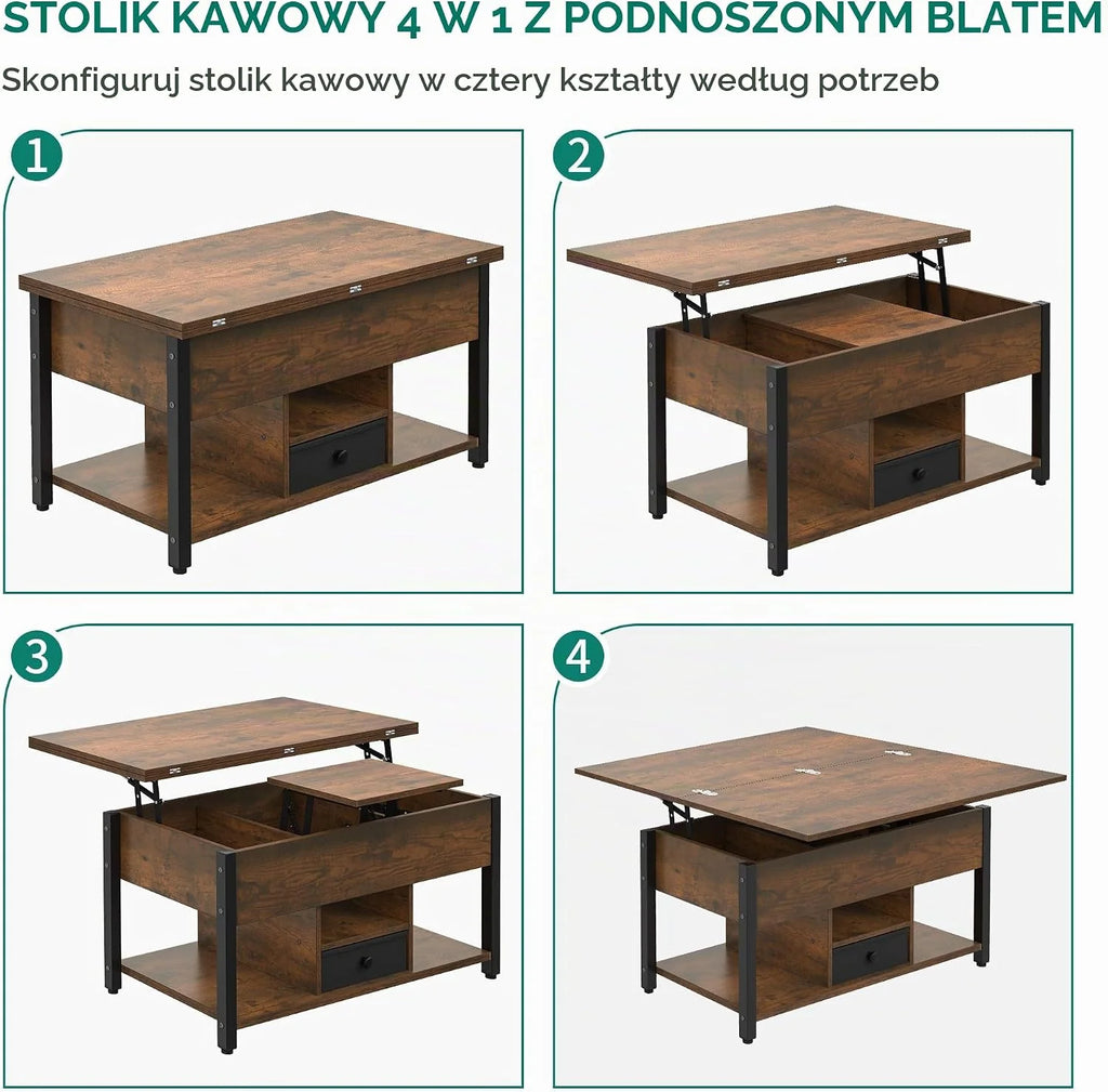 YITAHOME Stolik kawowy z szufladami, wielofunkcyjny podnoszony stolik kawowy 4 w 1, z miejscem do przechowywania i ukrytą przegródką, przekształca się w stół jadalny do salonu, rustykalny brązowy