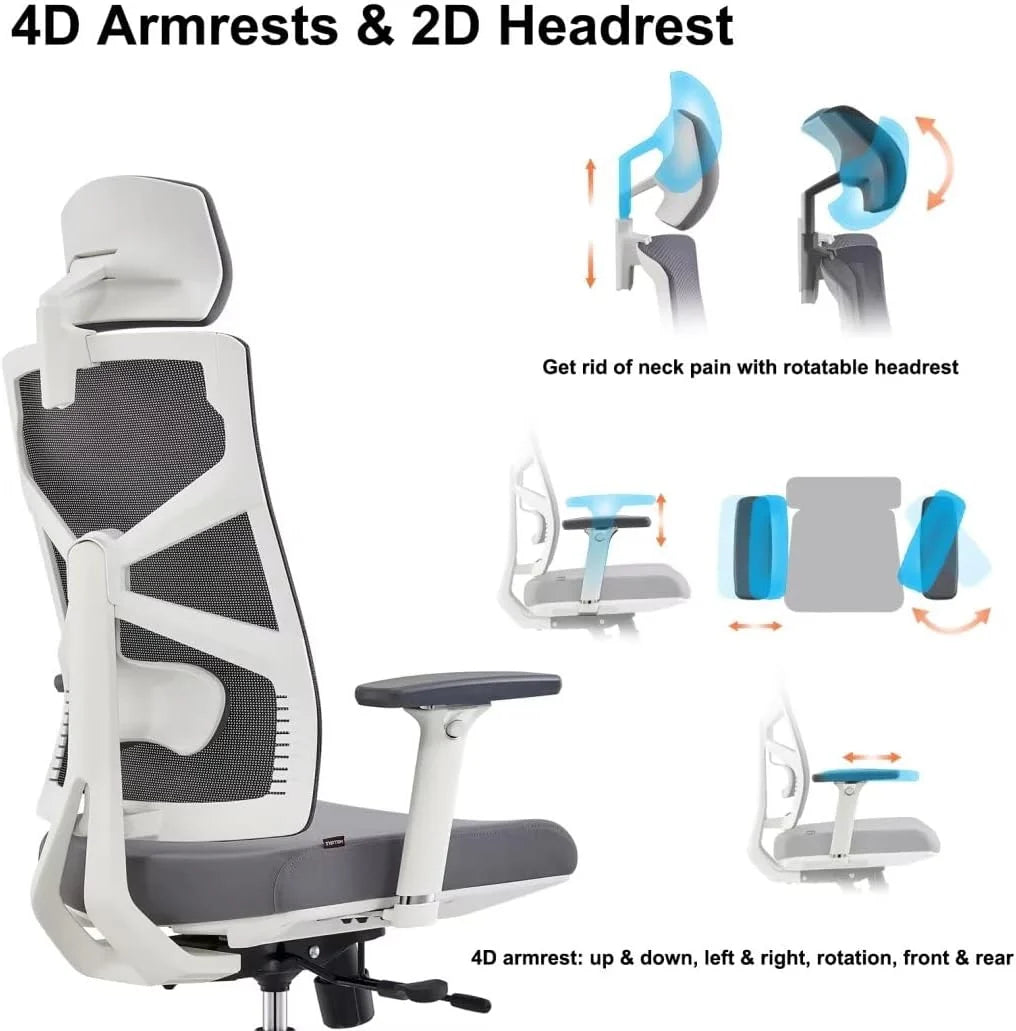 HOLLUDLE Ergonomiczne krzesło biurowe z adaptacyjnym oparciem, wysokie krzesło komputerowe z 4D podłokietnikami, regulowana głębokość siedziska, podparcie lędźwiowe i 2D zagłówek, obrotowe krzesło