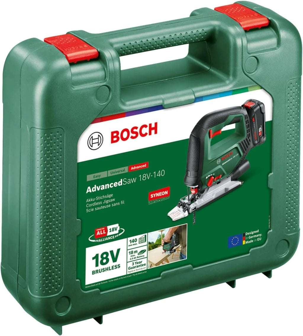 Bosch Akumulatorowa wyrzynarka AdvancedSaw 18V-140 (funkcja oscylacji brzeszczotu, silnik bezszczotkowy, głębokość cięcia w drewnie/stali/alu: 140mm/10 mm/20 mm, 3 brzeszczoty; 2.0Ah i ładowarka)