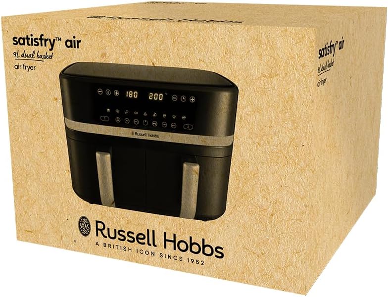 Russell Hobbs Frytkownica beztłuszczowa 9L Air Fryer [dwie komory/strefy, 9 programów] Satisfry (szuflady można myć w zmywarce, maks. 200℃, niski poziom hałasu, pieczenie bez oleju, 2800W) 27681-56
