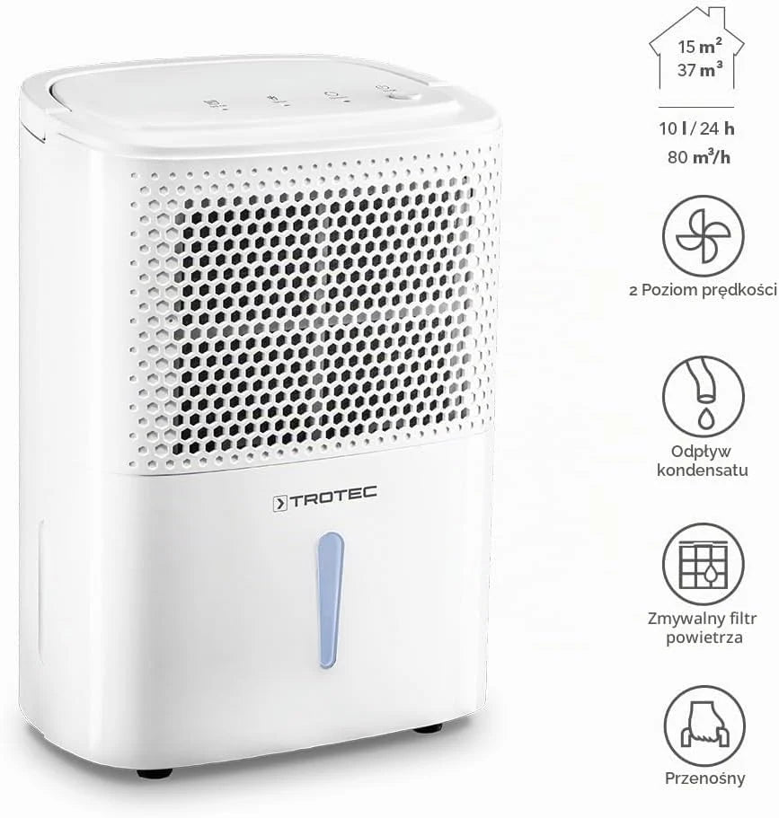 TROTEC Osuszacz powietrza elektryczny TTK 26 E – wydajność 10 L/dzień – powierzchnia 15 m² / 37 m³ – urządzenie osuszające z funkcją automatycznego wyłączania