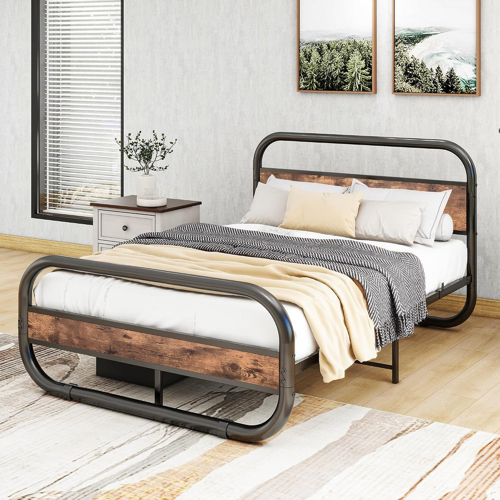 HOMERECOMMEND Metalowa Rama Łóżka 120 x 200 cm z Zagłówkiem, Metalowa i Drewniana Rama z Lamelami, Owalna Platforma z Miejscem do Przechowywania pod Łóżkiem, Brązowa