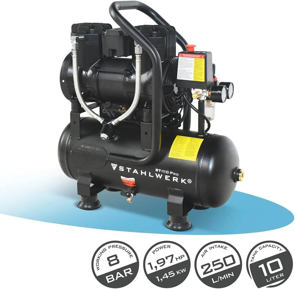 STAHLWERK ST-110 Pro kompresor 10 l, bezolejowy i cichy, 8 bar, sprężarka sprężonego powietrza z silnikami bezszczotkowymi, 1,97 KM, 1,45 kW, 250 l/min, cicha sprężarka, kompresor tłokowy, sprężarka