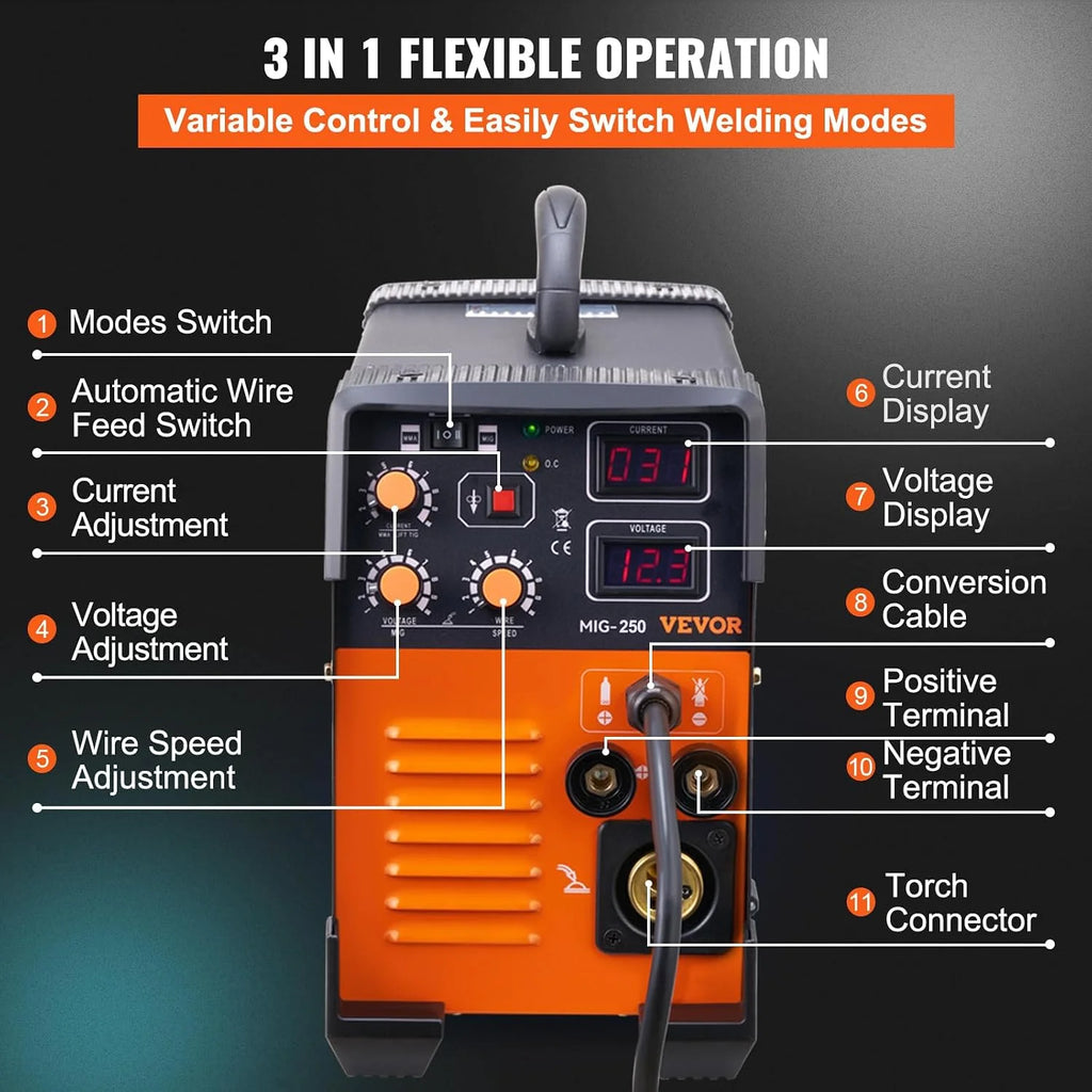 VEVOR Spawarka MIG/MMA/TIG 3 w 1 50–250 A, spawanie drutem wypełniającym (0,8 mm i 1 mm), technologia IGBT 2,2-12 m/min, prędkość drutu 5,6 kVA, znamionowa moc wejściowa, stopień ochrony IP21S