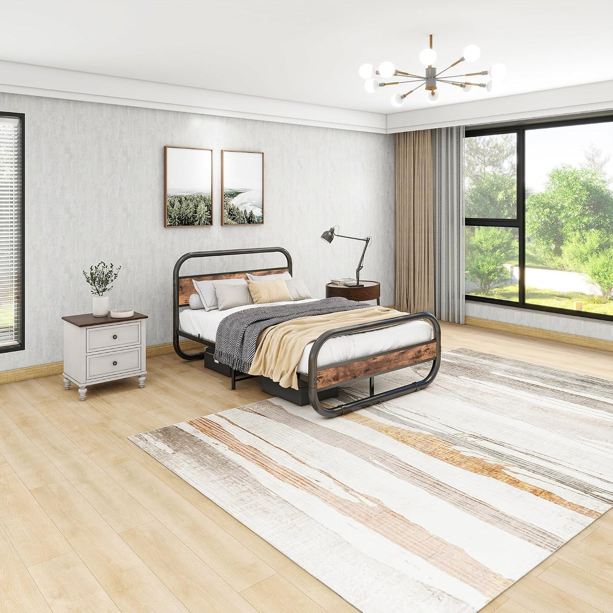HOMERECOMMEND Metalowa Rama Łóżka 120 x 200 cm z Zagłówkiem, Metalowa i Drewniana Rama z Lamelami, Owalna Platforma z Miejscem do Przechowywania pod Łóżkiem, Brązowa
