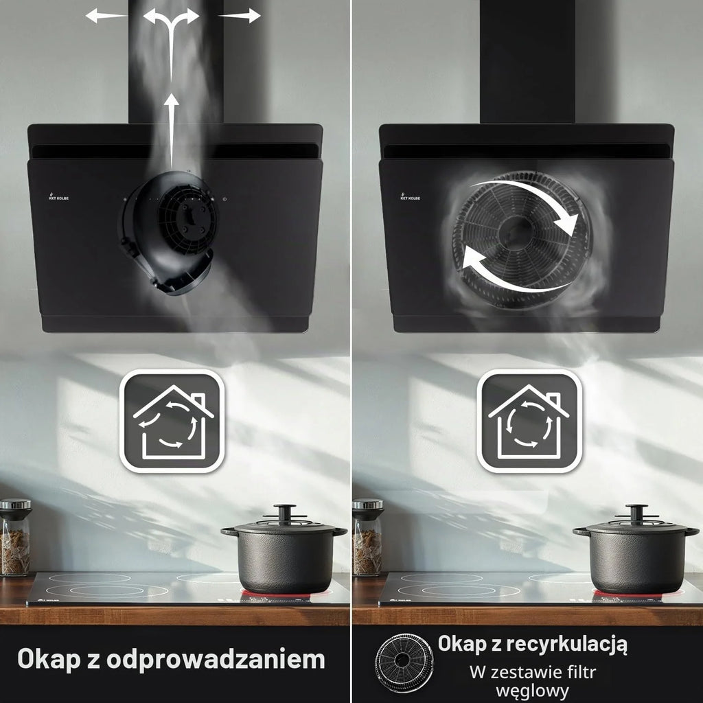 KKT KOLBE A+++ okap kuchenny 80 cm 782 m³/h | obieg powietrza | powietrze wylotowe | bez głowy | okap ścienny | osłona ścienna | czarny | szkło | automatyczny wybieg | SensorTouch | oświetlenie LED |